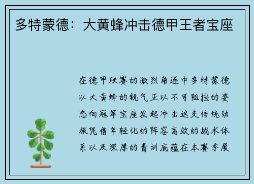 多特蒙德：大黄蜂冲击德甲王者宝座