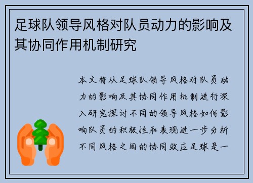 足球队领导风格对队员动力的影响及其协同作用机制研究