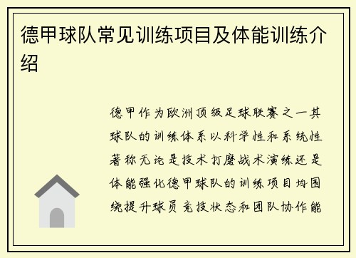 德甲球队常见训练项目及体能训练介绍